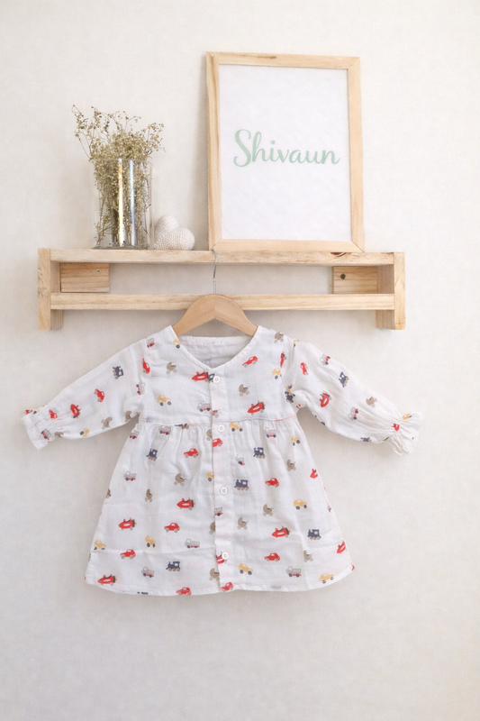 Mini Racers & Counting Adventure Muslin Ruffle Sleeve Frock(Pack of 2)