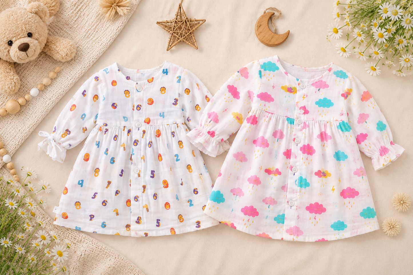Rainy Cloud & Counting Adventure Muslin Ruffle Sleeve Frock (Pack of 2)