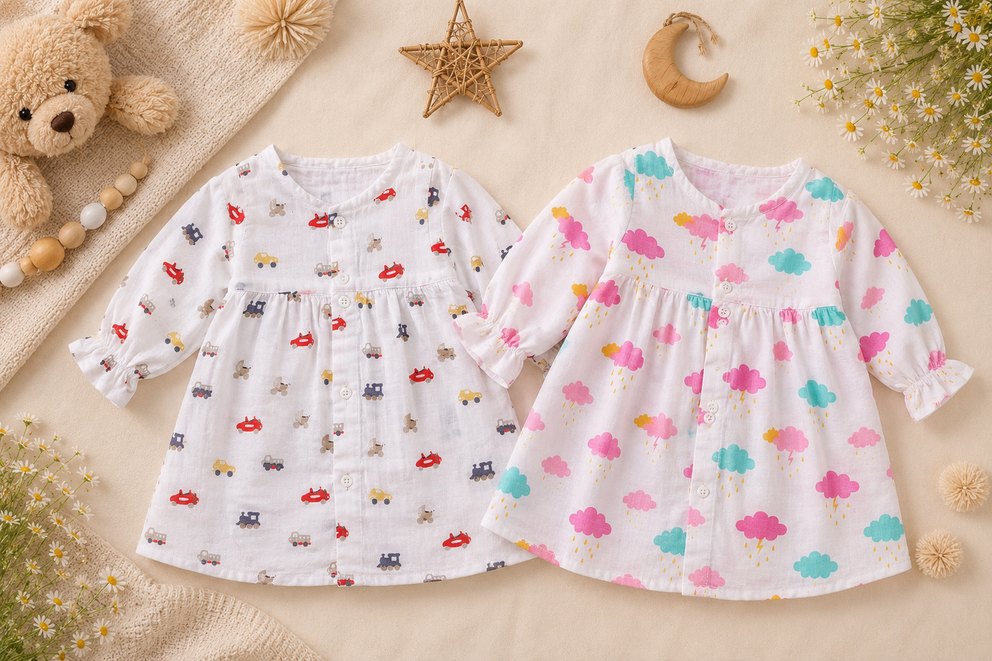 Mini Racers & Rainy Cloud Muslin Ruffle Sleeve Frock (Pack of 2)
