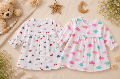 Mini Racers & Rainy Cloud Muslin Ruffle Sleeve Frock (Pack of 2)