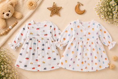 Mini Racers & Counting Adventure Muslin Ruffle Sleeve Frock(Pack of 2)