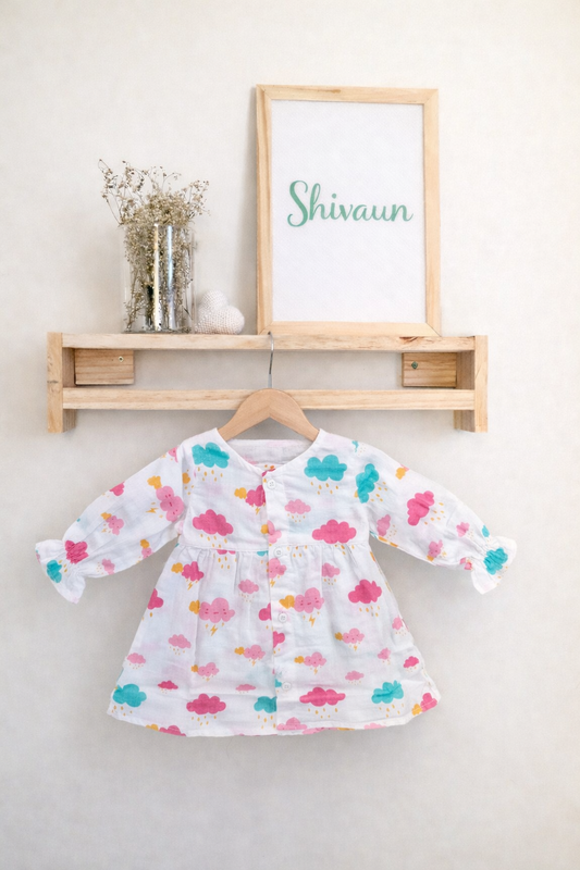 Mini Racers & Rainy Cloud Muslin Ruffle Sleeve Frock (Pack of 2)