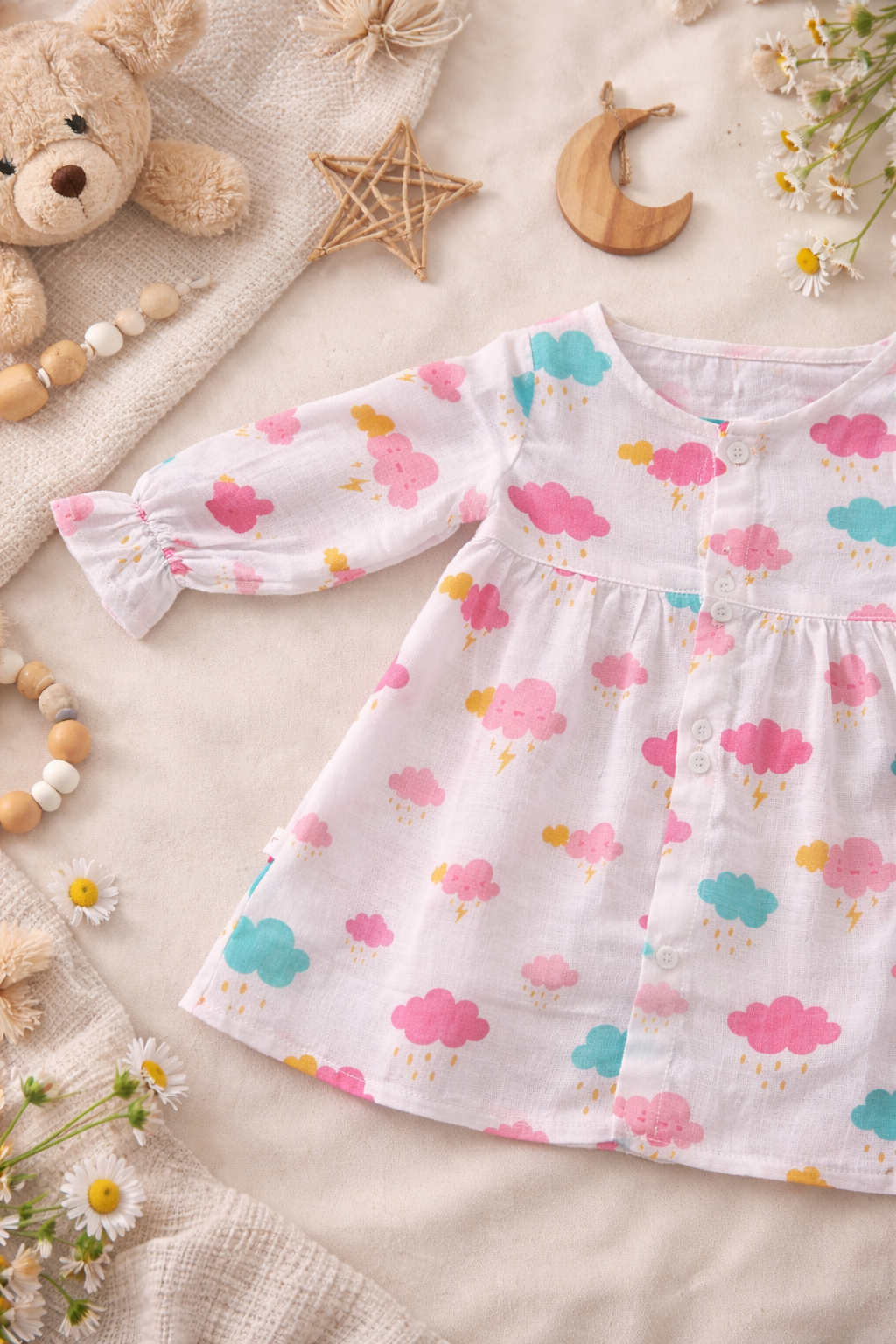 Counting Adventure Cotton Muslin Ruffle Sleeve Frock